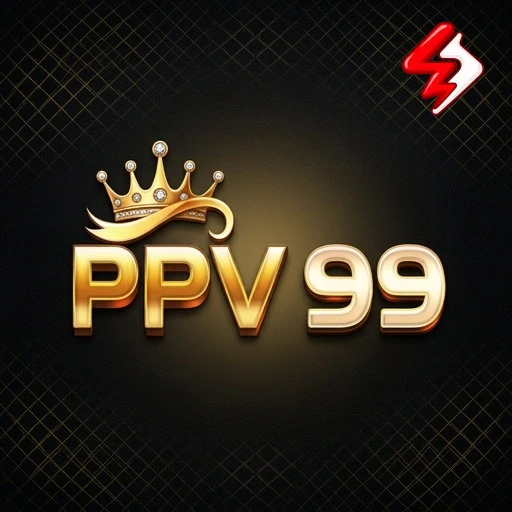 Logo resmi ppv99, teks emas 3D dengan mahkota di atas huruf pertama pada latar hitam